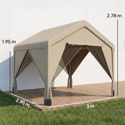 Outsunny Beige Patio Gazebo with Gable Roof and Netting Curtains W/D/H: 300 x 300 x 278 cm – 6