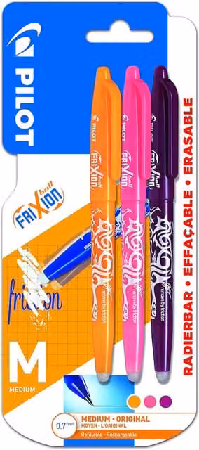 Pilot Frixion Erasable Rollerball Pens, 0.7mm, Pack of 3 in Orange, Pink and Purple