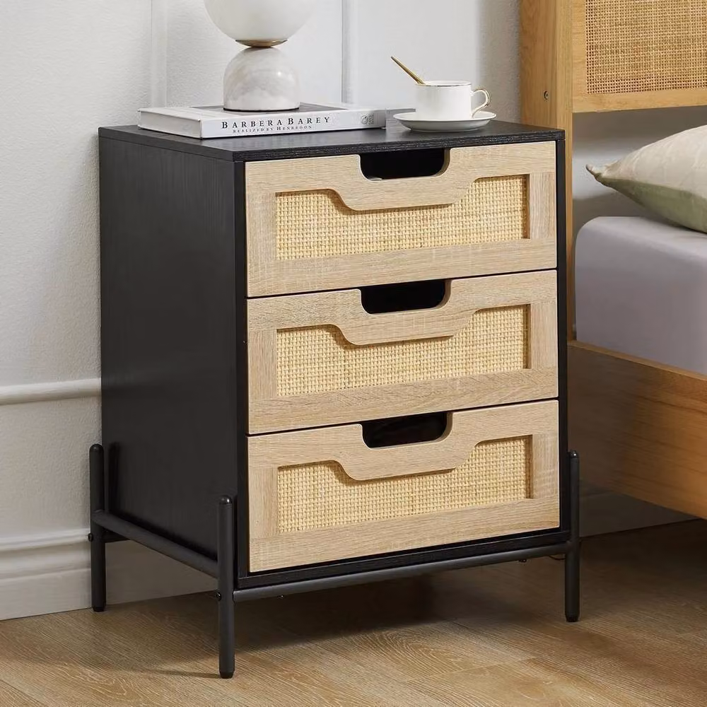 Havendro Rattan Bedside Table with 3 Drawers and Metal Legs in Black and Multicolour, W: 39.88 cm, D: 39.88 cm, H: 64 cm – 3