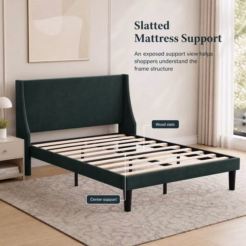STILVORA Green Velvet Upholstered Double Bed Frame with Wingback Headboard, W/D/H: 140 x 200 x 96 cm – 4