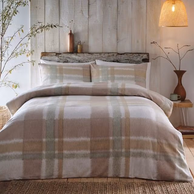 Appletree Natural and Sage Green Checked Flannelette Duvet Cover and Pillowcase Set, W/D/H: 200 x 200 cm