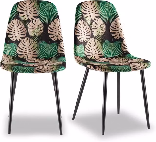 VonHaus Set of 2 Velvet Dining Chairs with Floral Palm Print in Black and Green