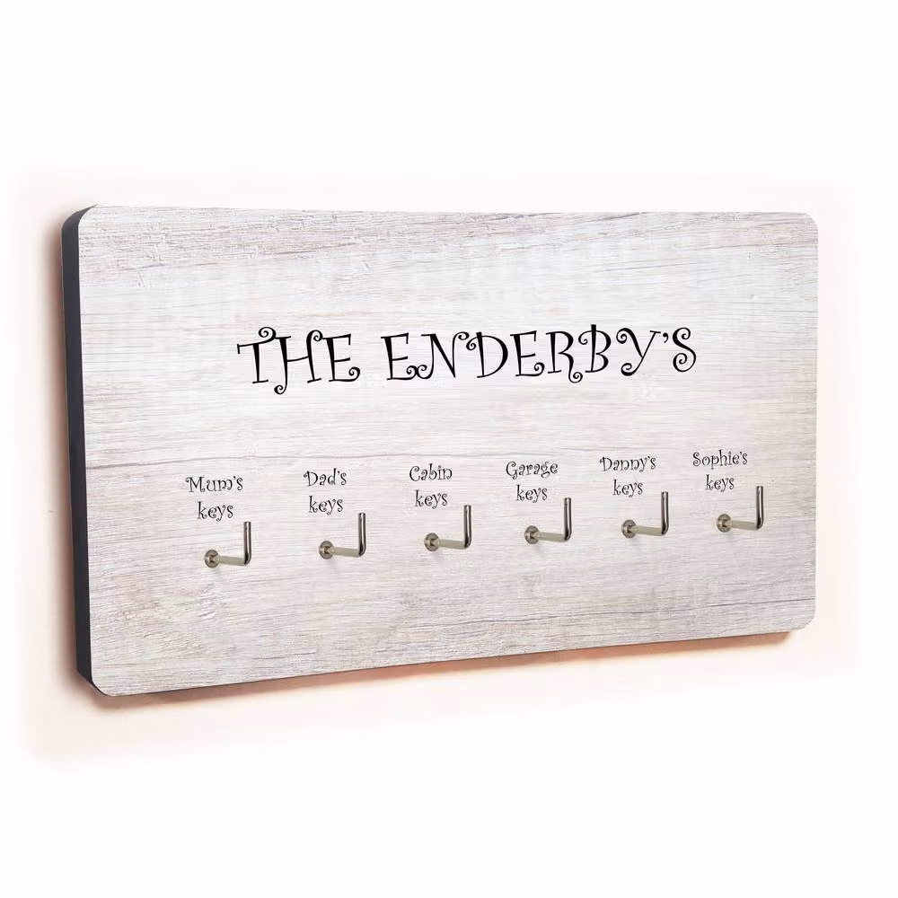Uniqueful Personalised White Wood Wall Mounted Key Holder with 6 Hooks, Width: 100 cm