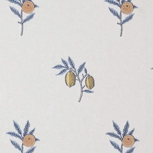 William Morris At Home Fruit Embroidered Floral Fabric in Orange, Yellow, Blue and White
