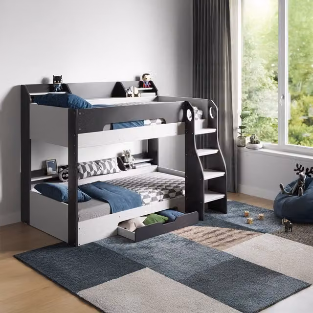 Flair Modern Two-Level Childrens Bunk Bed with Stairs and Drawers in Grey