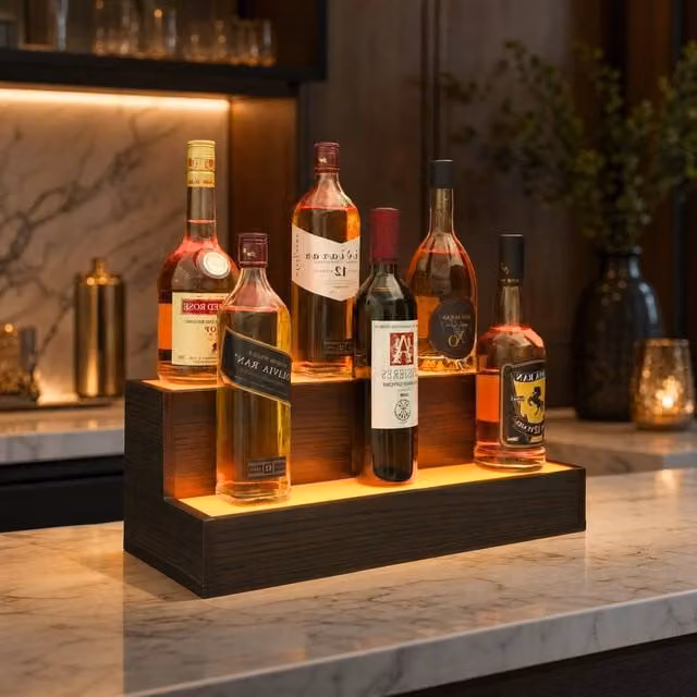 STILVORA Modern Brown MDF Display Shelf with Integrated RGB LED Lighting and Music Sync