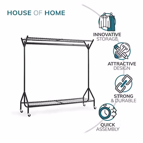 House of Home Heavy Duty Metal Clothes Rail with Storage Shelves in Black, W: 150 cm, D: 46.5 cm, H: 150 cm – 2