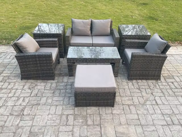 Fimous 5 Seater L-Shape Rattan Garden Furniture Set in Dark Grey with Coffee Table, Side Tables, Ottoman and Upholstered Cushions