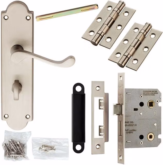 Loops Victorian Scroll Ornate Backplate Door Handle and Bathroom Lock Pack in Satin Chrome