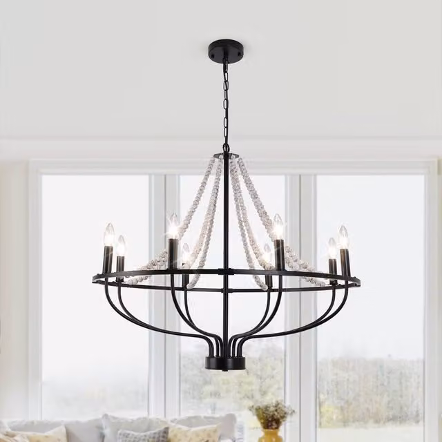 NIVOR 8 Light Dimmable Wagon Wheel Chandelier with Beaded Accents, Adjustable, Black – 1