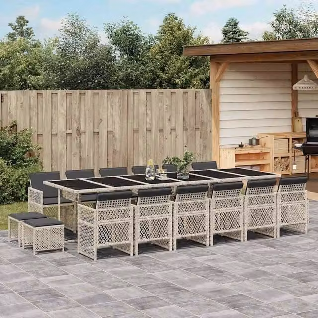 Berkfield Home 17 Piece Modern Garden Dining Set with Light Grey Poly Rattan and Glass Tabletop – 1