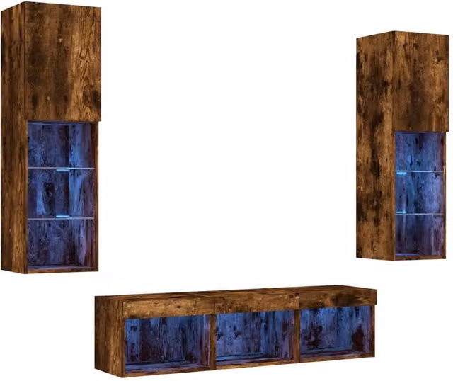 Berkfield Home 5 Piece Modern TV Wall Unit Set in Smoked Oak and Brown with Integrated LED Lighting – 1