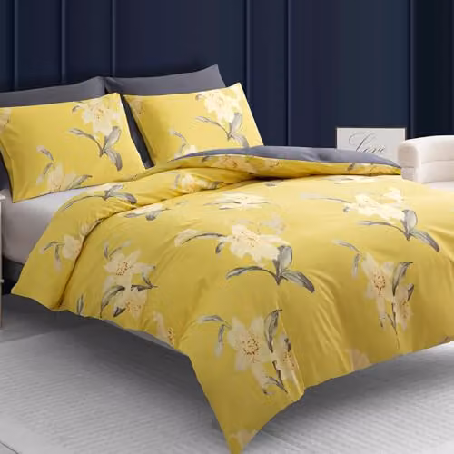 Pamposh Super King Duvet Set, Floral Brushed Microfibre Bedding with Pillowcases, Grey or Yellow, W: 220 cm x L: 260 cm – 2