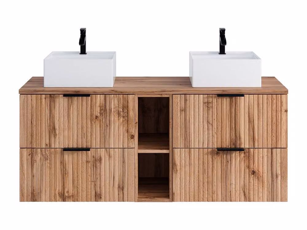 Vente-unique Suspended Striped Bathroom Vanity Unit with Niches and Double Square in Light Oak, W/D/H: 140 x 46 x 57 cm – 2