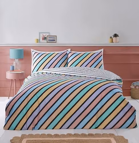 Rapport Home Microfibre Reversible Striped Duvet Cover and Pillowcase Set, Multicolour Pastel, 90 x 200 cm – 1