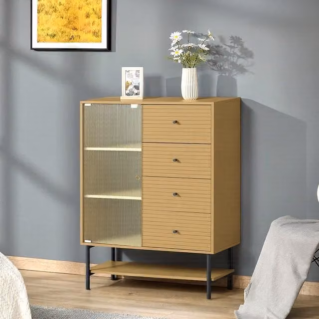Komore Modern Freestanding Storage Cabinet with Glass Doors and Internal Shelves in Brown and Black