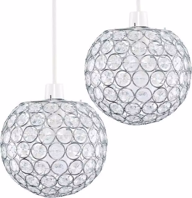 ValueLights Pair of Silver Ceiling Pendant Shades with Transparent Acrylic Crystal Effect Droplets
