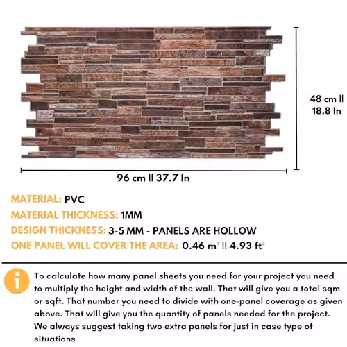 Novecrafto 3D Wall Panels Slim Stone Brick Effect PVC Cladding, Brown, 6 Sheets, W/H: 96 x 48 cm – 3