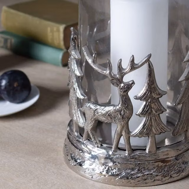 KDMK Woodland Stag Scene Hurricane Lantern - Silver