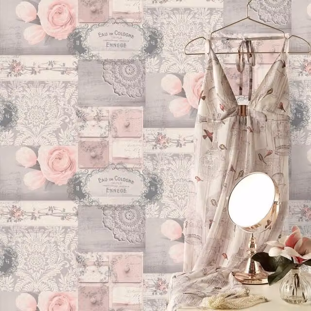 Crown Ophelia Vintage Floral and Botanical Decoupage Wallpaper in Pink, Grey and White