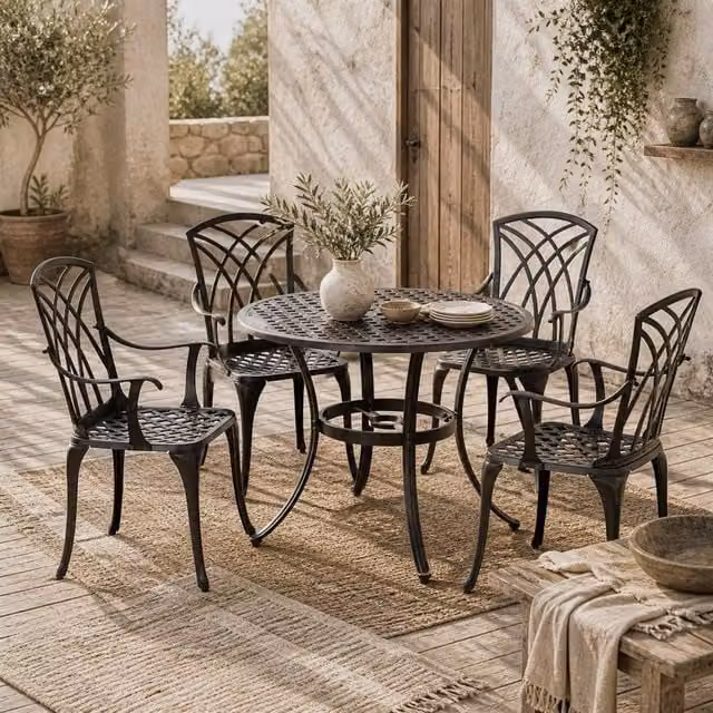 Wyld Haus Rohafa Brown Cast Aluminium 4 Seater Round Garden Dining Set with Armchairs