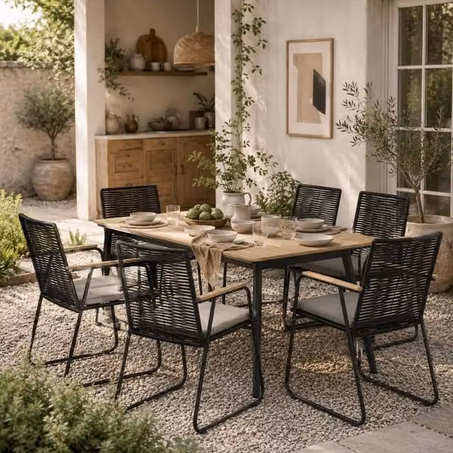 Wyld Haus Karutte 6 Seater Outdoor Dining Set, Black Wood Effect Composite and Metal – 1