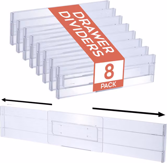Homiu Pack of 8 Expandable Plastic Drawer Dividers in White and Transparent