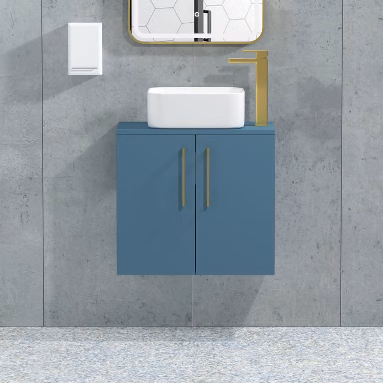 Royal Bathrooms Modena 800mm Wall Hung 2 Door Worktop Vanity Unit in Satin Blue with Brushed Brass Handle