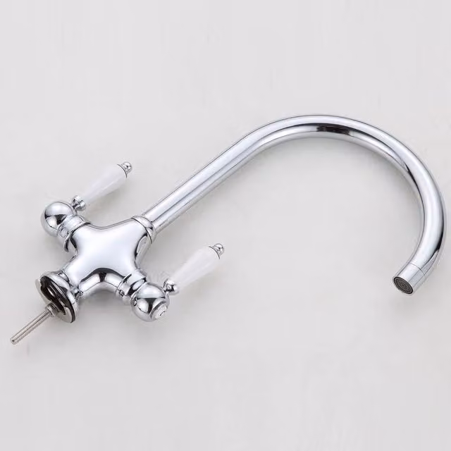 Hinsinc Traditional Twin Lever Kitchen Sink Mixer Tap in Silver Chrome with Swivel Spout