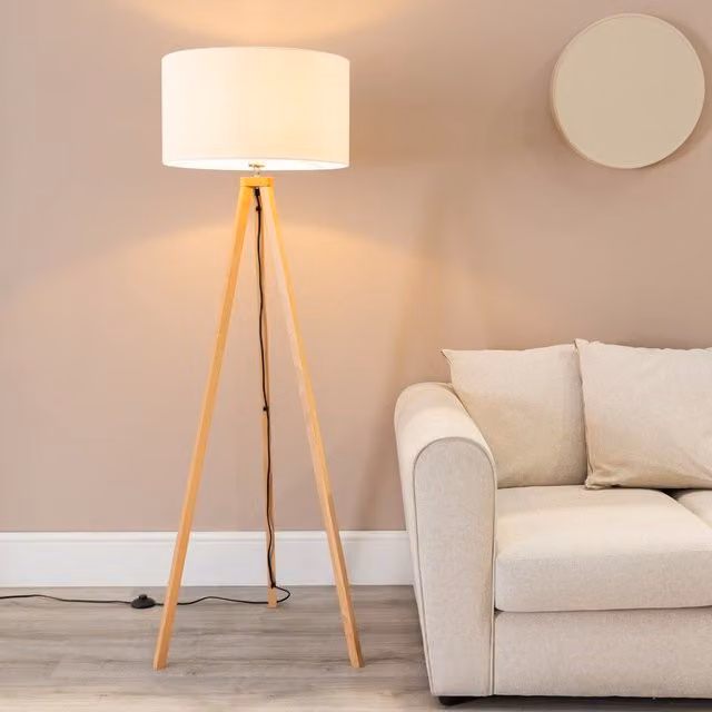 ValueLights Barbro Wood Tripod Floor Lamp with White Fabric Cylinder Shade – 3