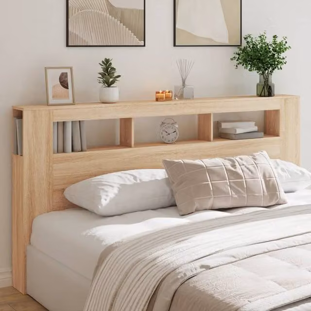 Berkfield Home Sonoma Oak LED Headboard in Brown with Integrated Shelf and USB Charging Port, Width: 200 cm – 1