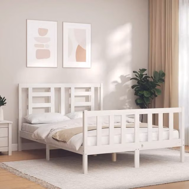 Berkfield Home White Solid Pine Bed Frame with Headboard W/D/H: 140 x 190 cm – 1