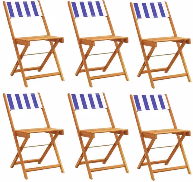 Berkfield Home Set of 6 Folding Garden Chairs in Blue and White Striped Fabric with Acacia Wood Frames – 1