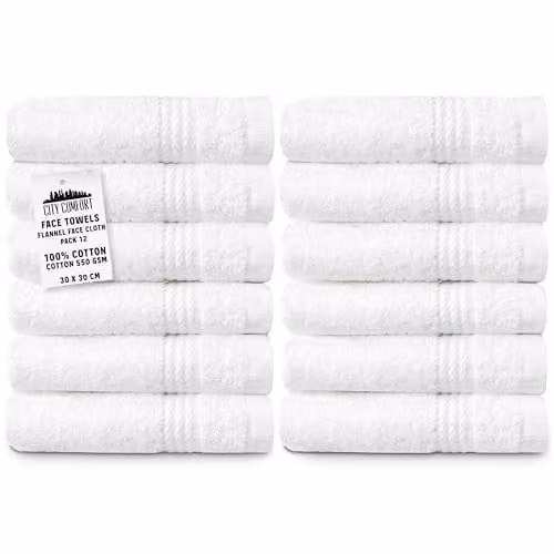 CityComfort Pack of 12 White Cotton Flannels, 550 GSM, W/D/H: 30 x 30 x 30 cm