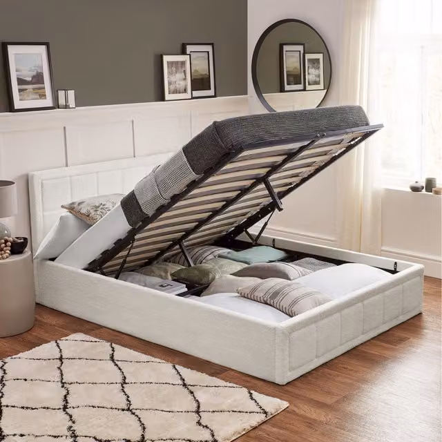 Home Treats Modern White Bouclé Upholstered Ottoman Bed Frame with Storage, W/D/H: 120 x 200 cm
