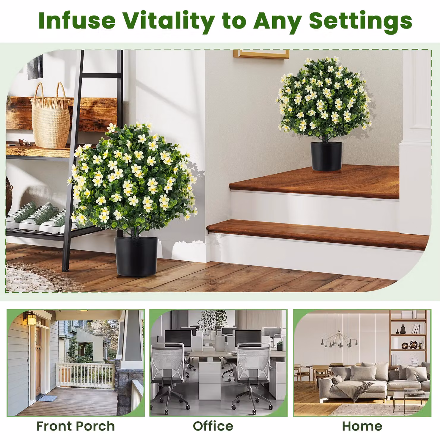 Gymax 2-Pack Artificial Boxwood Topiary Ball Trees with Flowers in White Pots, Height: 54 cm – 3