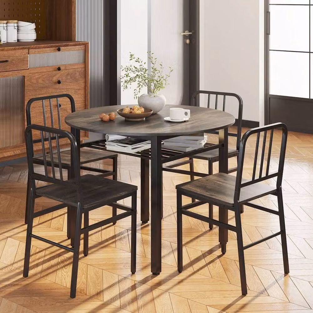 Hinsinc 5-Piece Round Dining Table Set with 4 Chairs in Grey and Black – 5