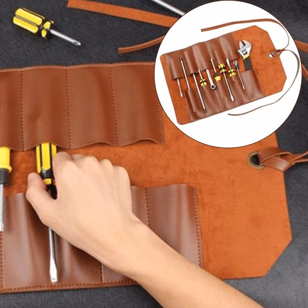 FLAVORA Brown Leather Roll Up Tool Storage Organizer Bag W: 52 cm, H: 1000 cm – 3