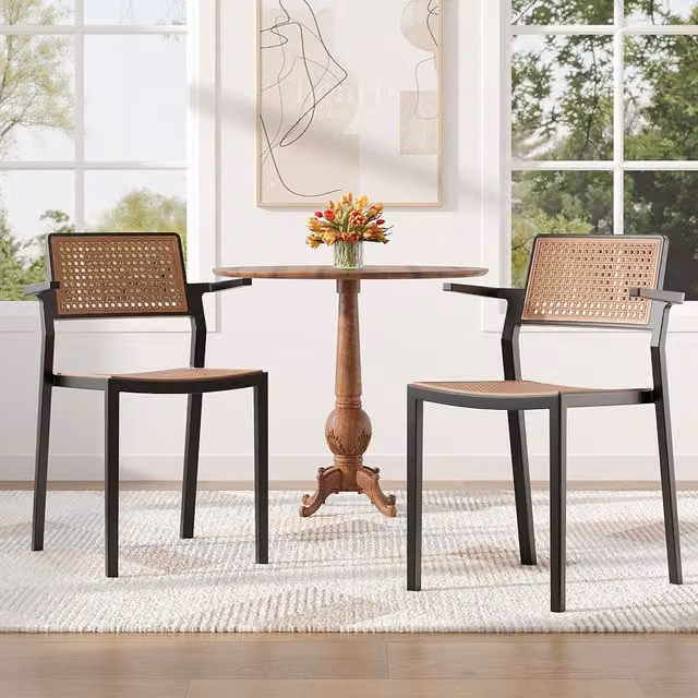 Komore Set of 4 Black Pseudo-Rattan PP Dining Chairs with Armrests