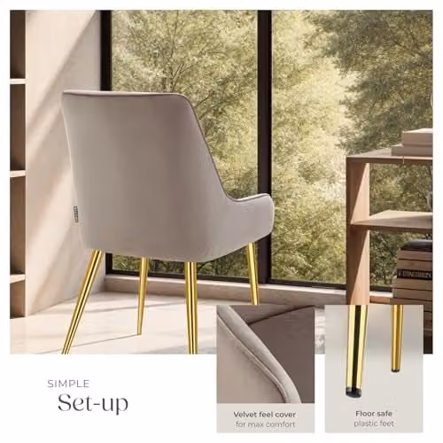 tectake Set of 4 Modern Dining Chairs with Armrests in Taupe Velvet Fabric and Metal Legs – 5