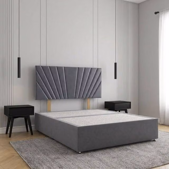 Regional Furnishings Small Double Divan Bed Base with 24 inch Headboard in Anthracite Grey Plush Velvet, W/D/H: 120 x 200 cm