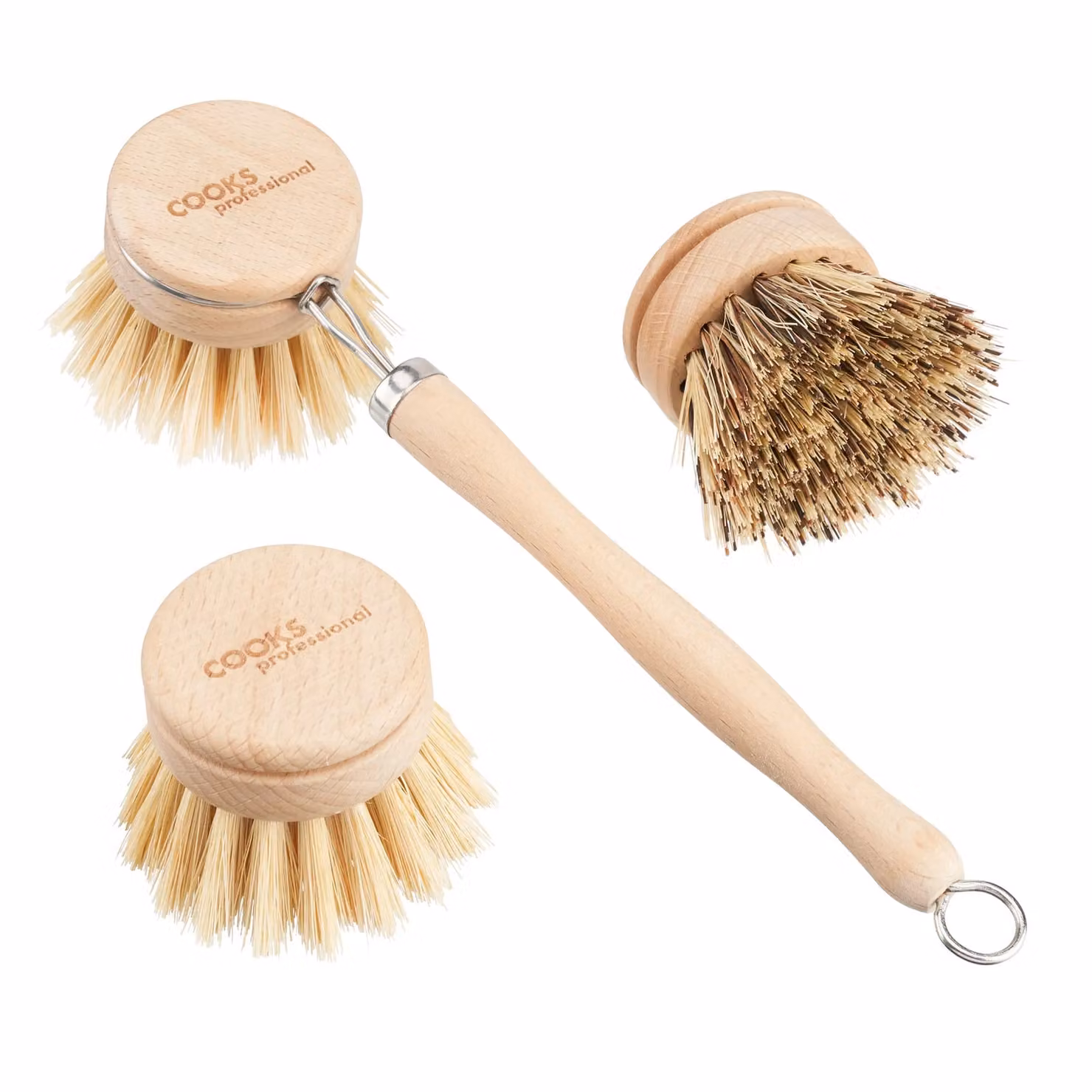 Cooks Professional Bamboo Dish Brush with Long Handle and 3 Interchangeable Natural Fibre Heads in Brown – 2