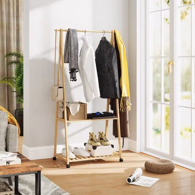 HOMCOM Bamboo Clothes Rail Rack with 2 Shelves in Natural Wood Effect