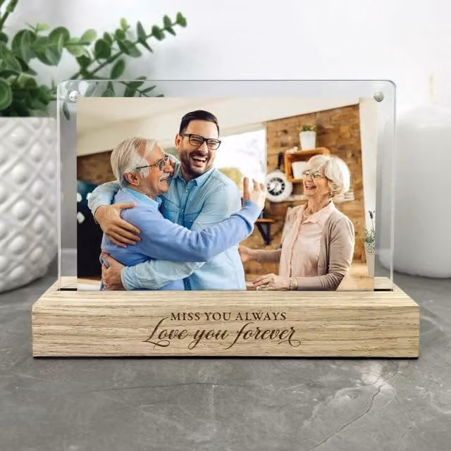 Modern Single Memorial Wooden Tabletop Photo Frame with Angels Wings and Feathers in Brown