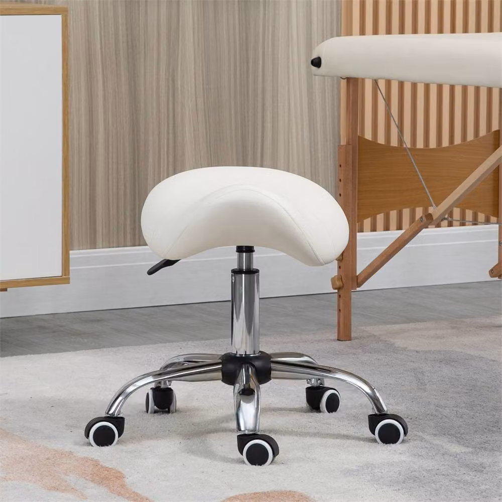 EONLION Beige and White Synthetic Leather Hydraulic Rolling Saddle Stool with Castors – 3