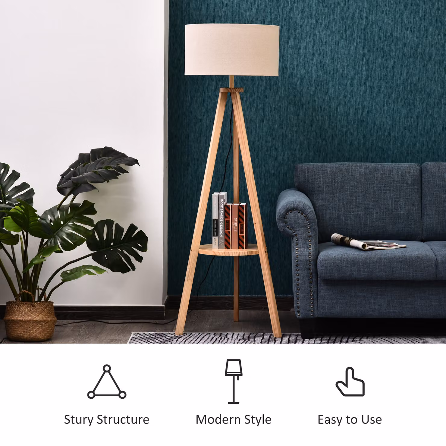 HOMCOM Freestanding Tripod Floor Lamp with Storage Shelf and Beige Linen Shade, Height: 154 cm – 3