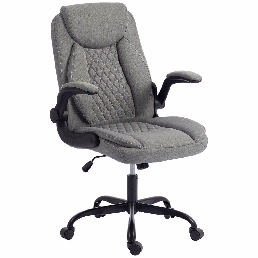 HOMCOM Modern Grey Fabric Task Chair with Swivel and Armrests for Home Office – 2