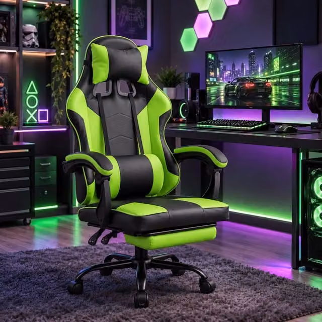 Samuel Alexander Ergonomic Green Faux Leather Gaming Chair with Headrest and Foot Ring – 1