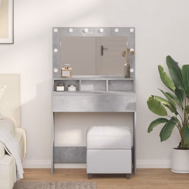 Berkfield Home Modern Dressing Table with Hollywood LED Lights in Concrete Grey, W/D/H: 79 x 41 x 135 cm – 1
