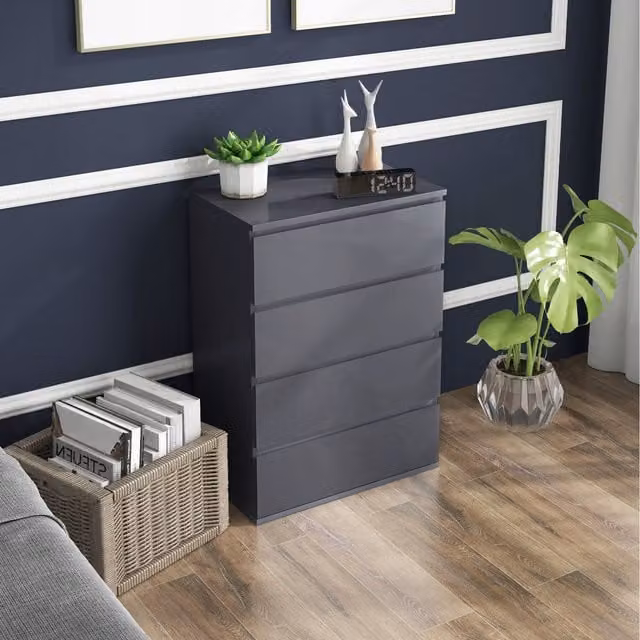 HOMCOM High Gloss Grey Chest of Drawers with Soft Closing Mechanism W: 80 cm, D: 33 cm
